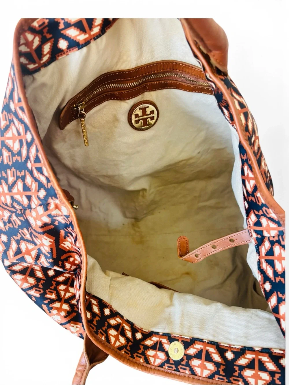 Tory Burch Ella Aztec Navy and Orange Geometric Tote with Brown Leather Handles - Picture 10 of 12